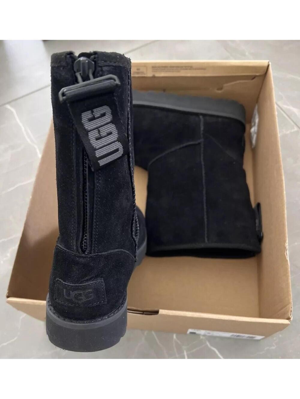 UGG CLASSIC SHORT LOGO ZIP BLACK SUEDE SHEEPSKIN WOMEN'S BOOTS SIZE 5